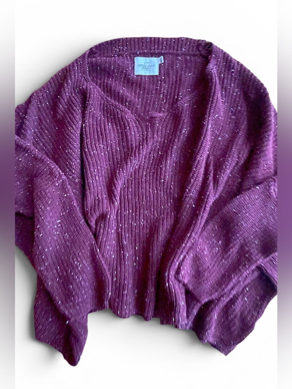 Carly Jean Los Angeles Plum Knit V-Neck Cardigan with Metallic Flecks